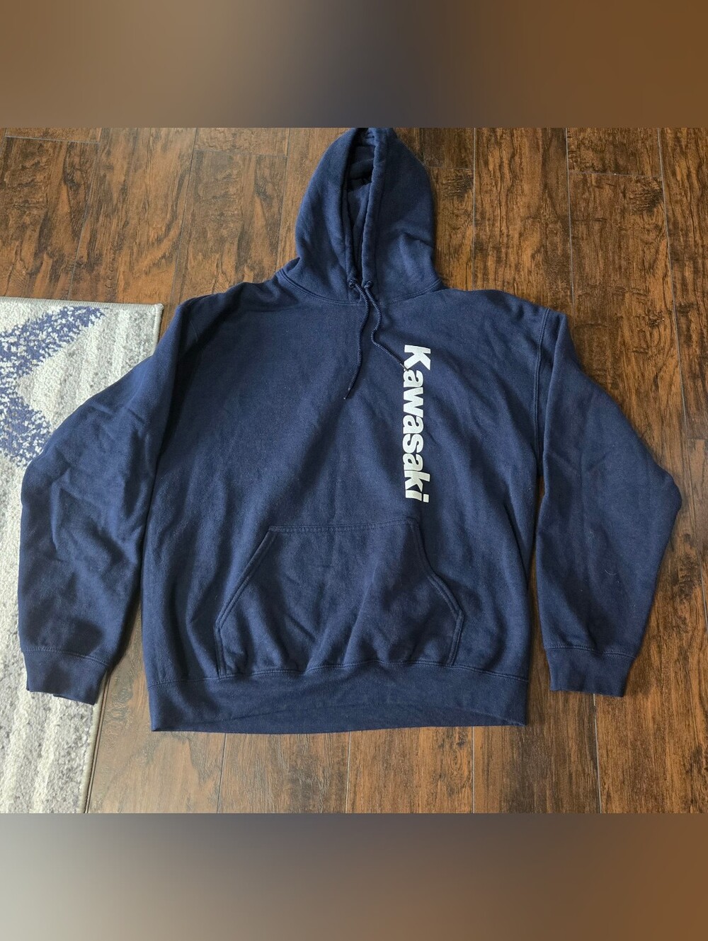 Gildan Navy Blue Hoodie with White Kawasaki Vertical Logo